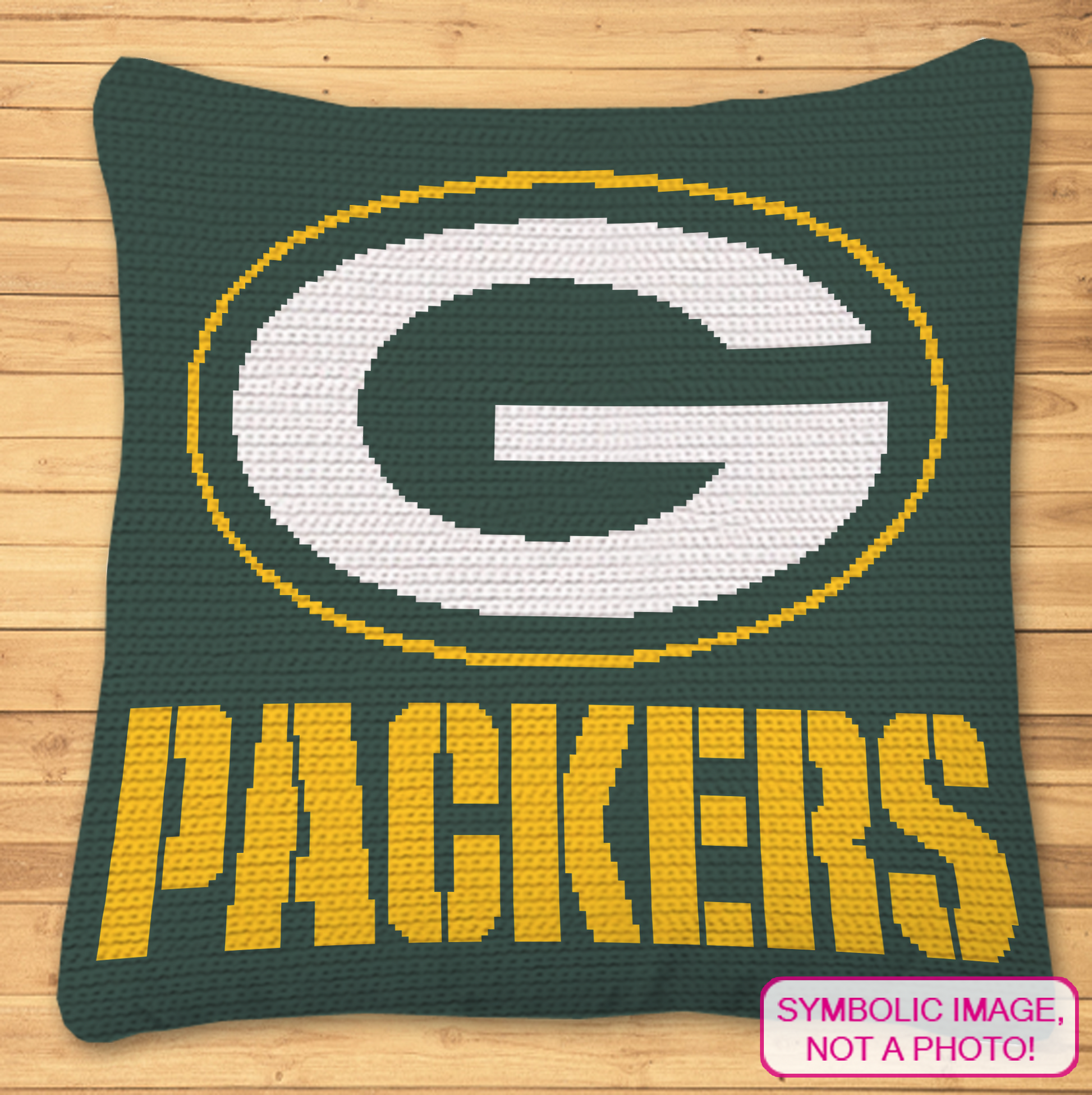 Packers football tapestry crochet blanket and pillow pattern featuring green, white, and yellow sports lettering.