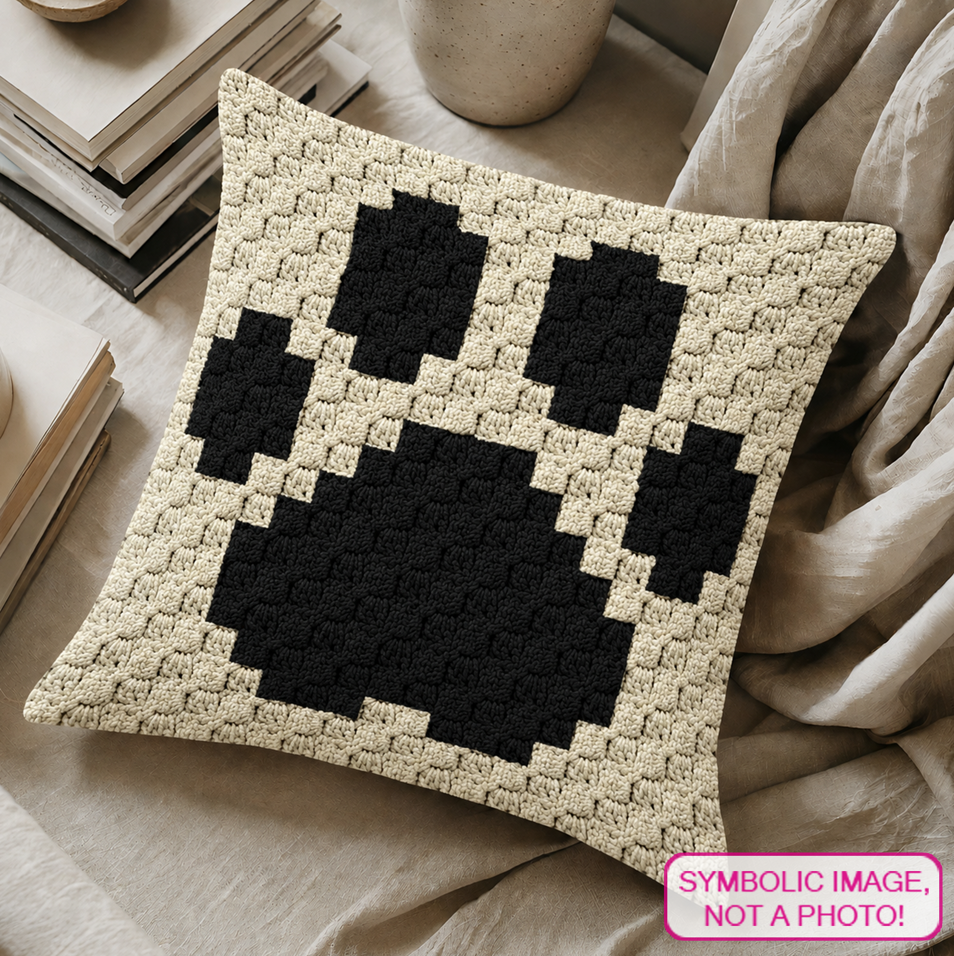 C2C crochet pillow pattern with written instructions featuring a black paw print graph design for dog lovers, cat lovers, and pet-themed home decor.