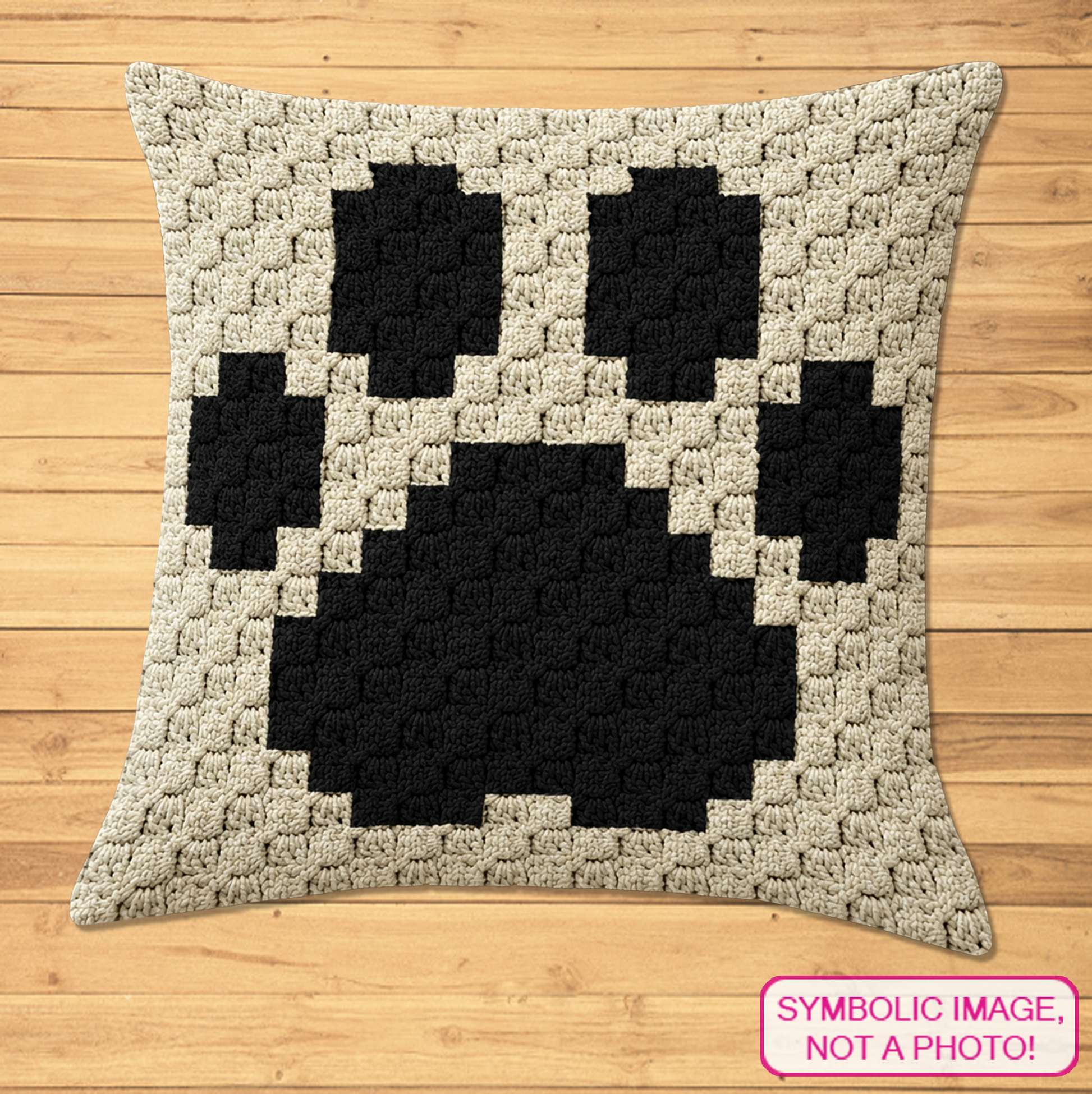 C2C crochet pillow pattern with written instructions featuring a black paw print graph design for dog lovers, cat lovers, and pet-themed home decor.