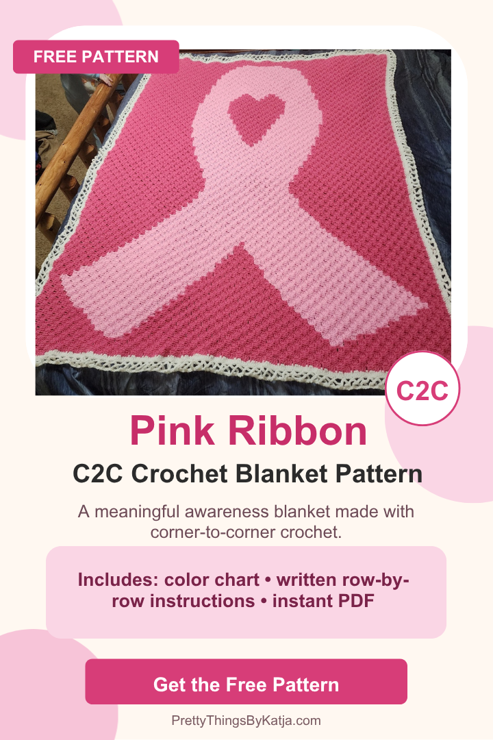 Pink Ribbon free C2C crochet blanket pattern featuring a cancer awareness ribbon with heart detail and written instructions.
Free breast cancer awareness crochet graphgan pattern with pink ribbon design, C2C color chart, and row-by-row instructions.