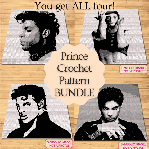 Immerse yourself in the artistic world of a musical icon with the Prince Crochet Blanket Pattern Bundle.

This exclusive collection features Four unique Single Crochet Patterns, each showcasing a different pose of Prince that captures his enigmatic presence and style. From his soulful gaze to his dynamic performances, each pattern is a tribute to his legendary career and influence.