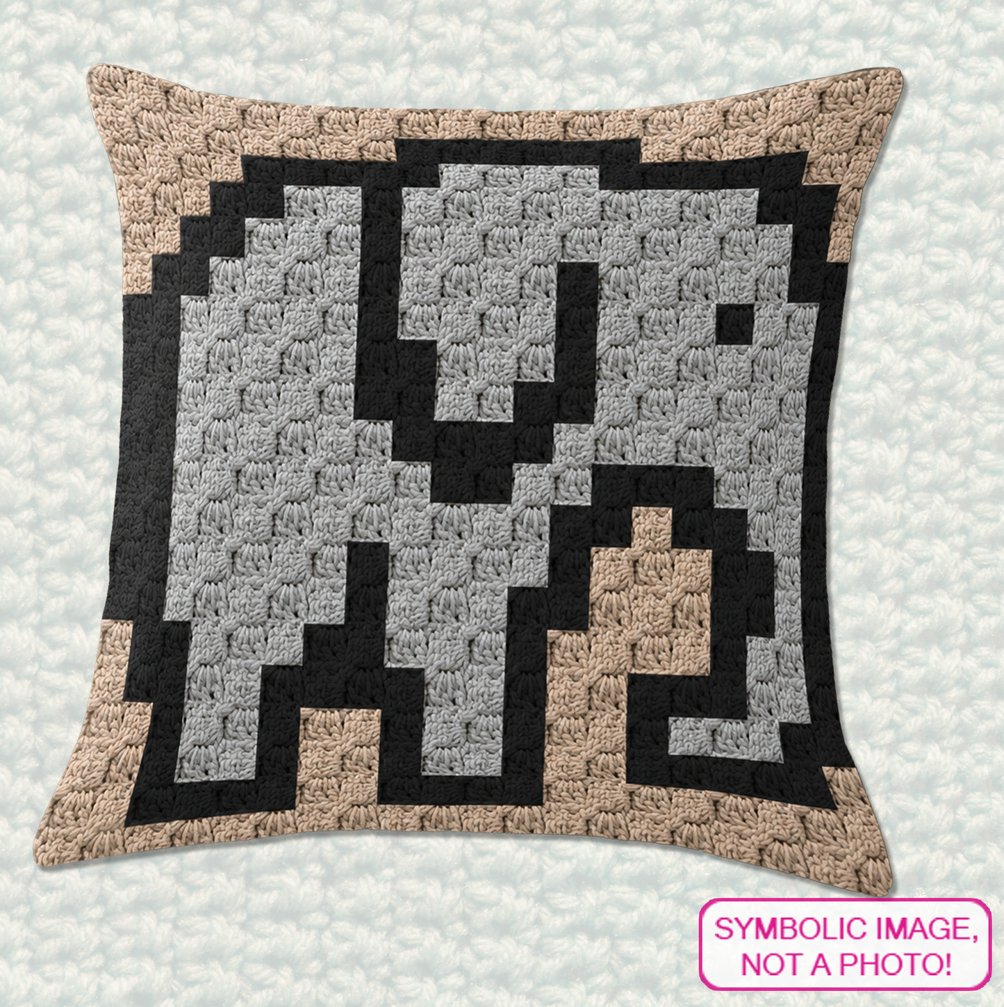C2C crochet elephant pillow pattern for safari nurseries, kids’ rooms, and handmade gifts.
Beginner-friendly C2C crochet pillow pattern featuring a gray elephant design in 20 x 20 blocks.