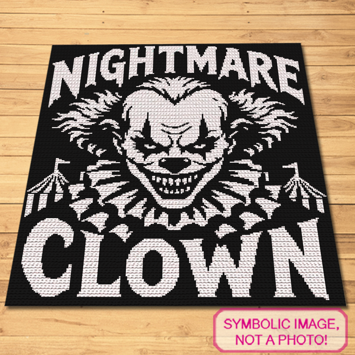 Nightmare Clown SC crochet blanket pattern with a creepy clown face and bold horror lettering.
Horror crochet blanket pattern featuring a scary clown design in black and white.