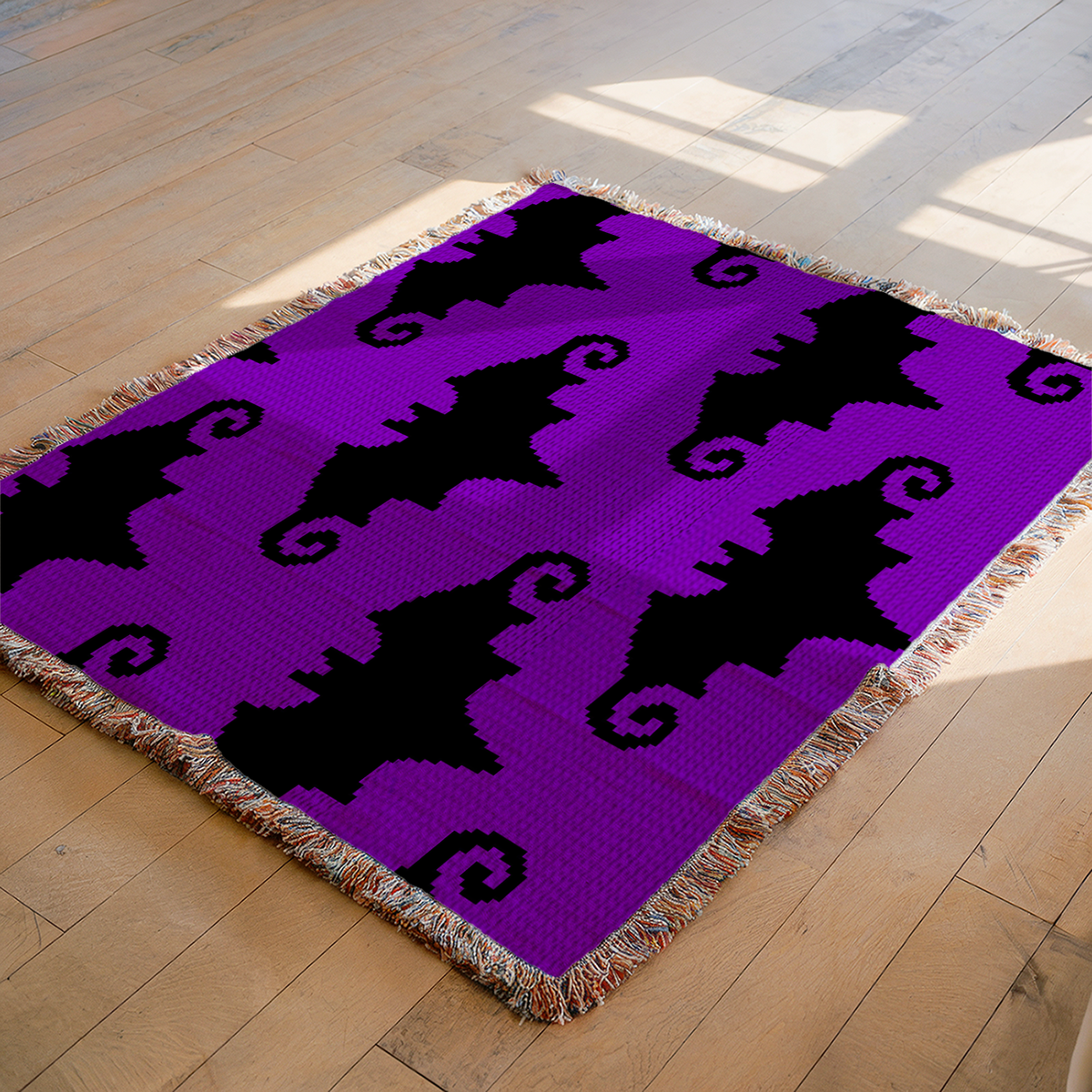 Halloween C2C crochet pattern with repeating black bat silhouettes on purple.
Gothic C2C crochet blanket pattern featuring a seamless bat motif in black and purple.