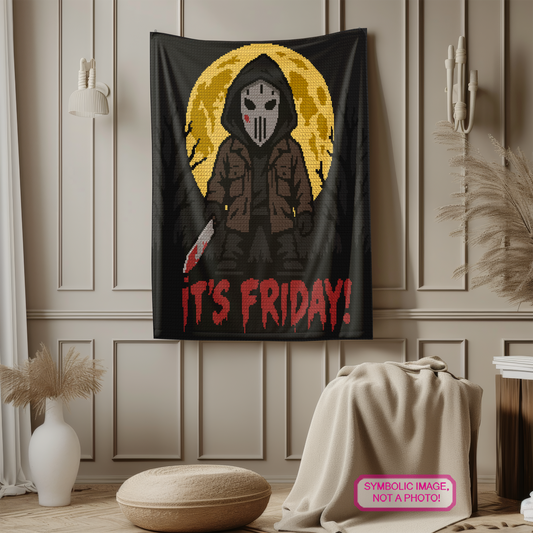 It’s Friday horror SC crochet blanket pattern with masked character, glowing moon and spooky Halloween design.
Creepy Halloween crochet blanket graphghan pattern featuring a masked horror character and red It’s Friday text.
