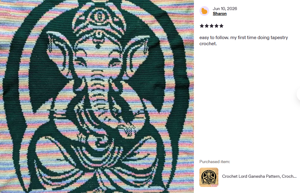 Sacred Ganesha crochet graph pattern in two colors for a meaningful handmade blanket.
Single crochet graphghan pattern of Lord Ganesha in peach and black PDF download.