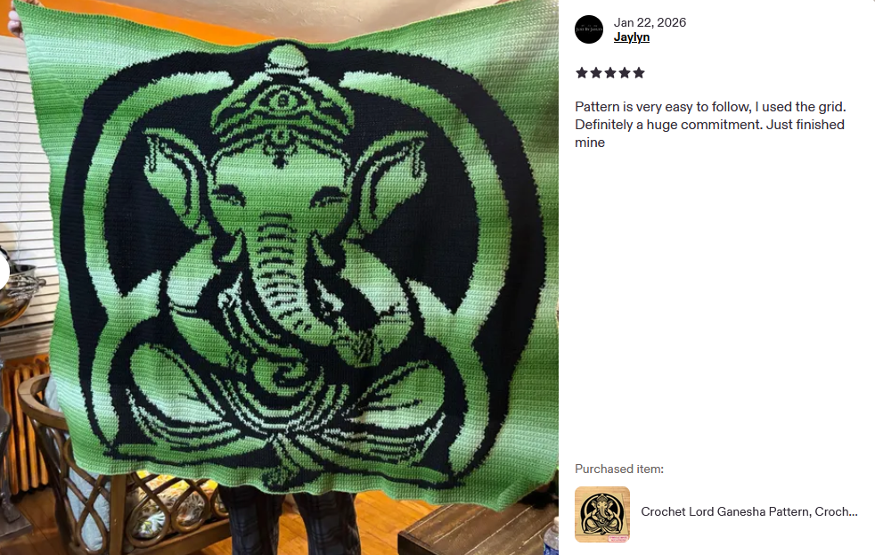Spiritual crochet graphghan pattern featuring Lord Ganesha with written instructions.
Tapestry crochet blanket pattern with Lord Ganesha design for meditation and yoga decor.
