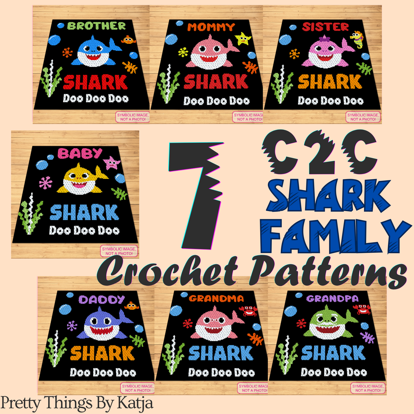 Bundle of seven 150 x 150 square Shark Family C2C crochet blanket patterns with written instructions featuring Baby, Sister, Brother, Mommy, Daddy, Grandma, and Grandpa Sharks.
