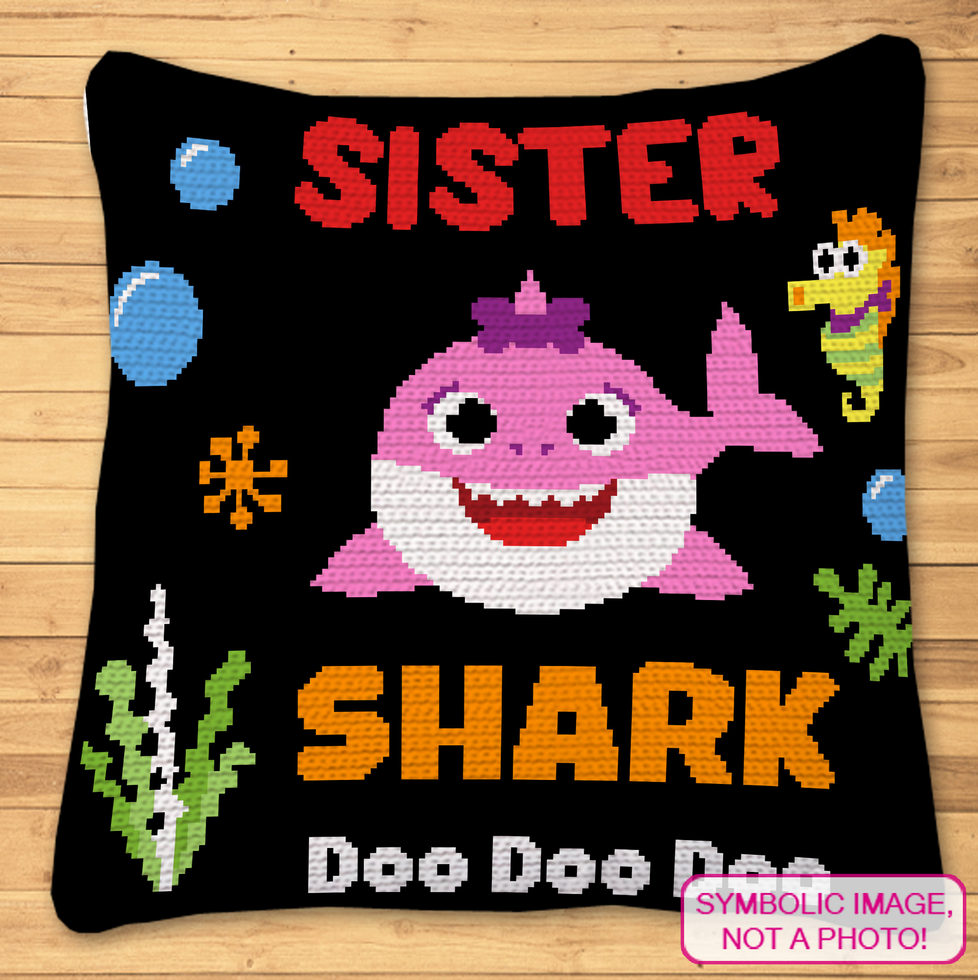 Seven SC tapestry crochet shark patterns for rectangular blankets or pillows with color graphs and written instructions.
