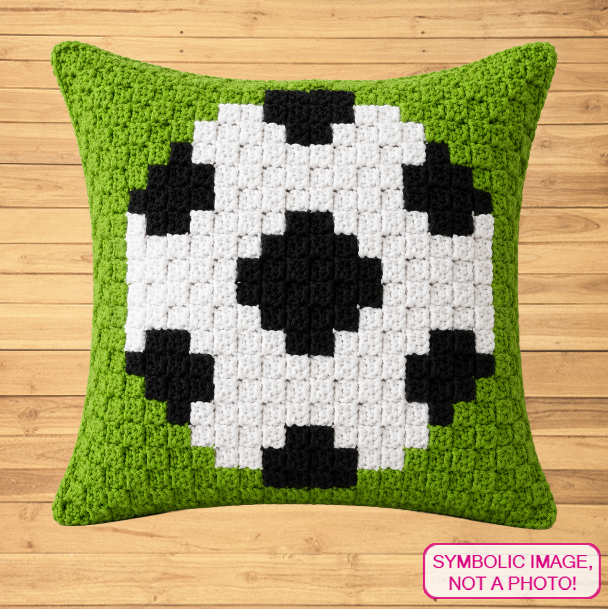 C2C crochet football pillow pattern for soccer players, kids, coaches, teams, and sports gifts.
Beginner-friendly C2C crochet pillow pattern featuring a soccer ball design in 20 x 20 blocks.