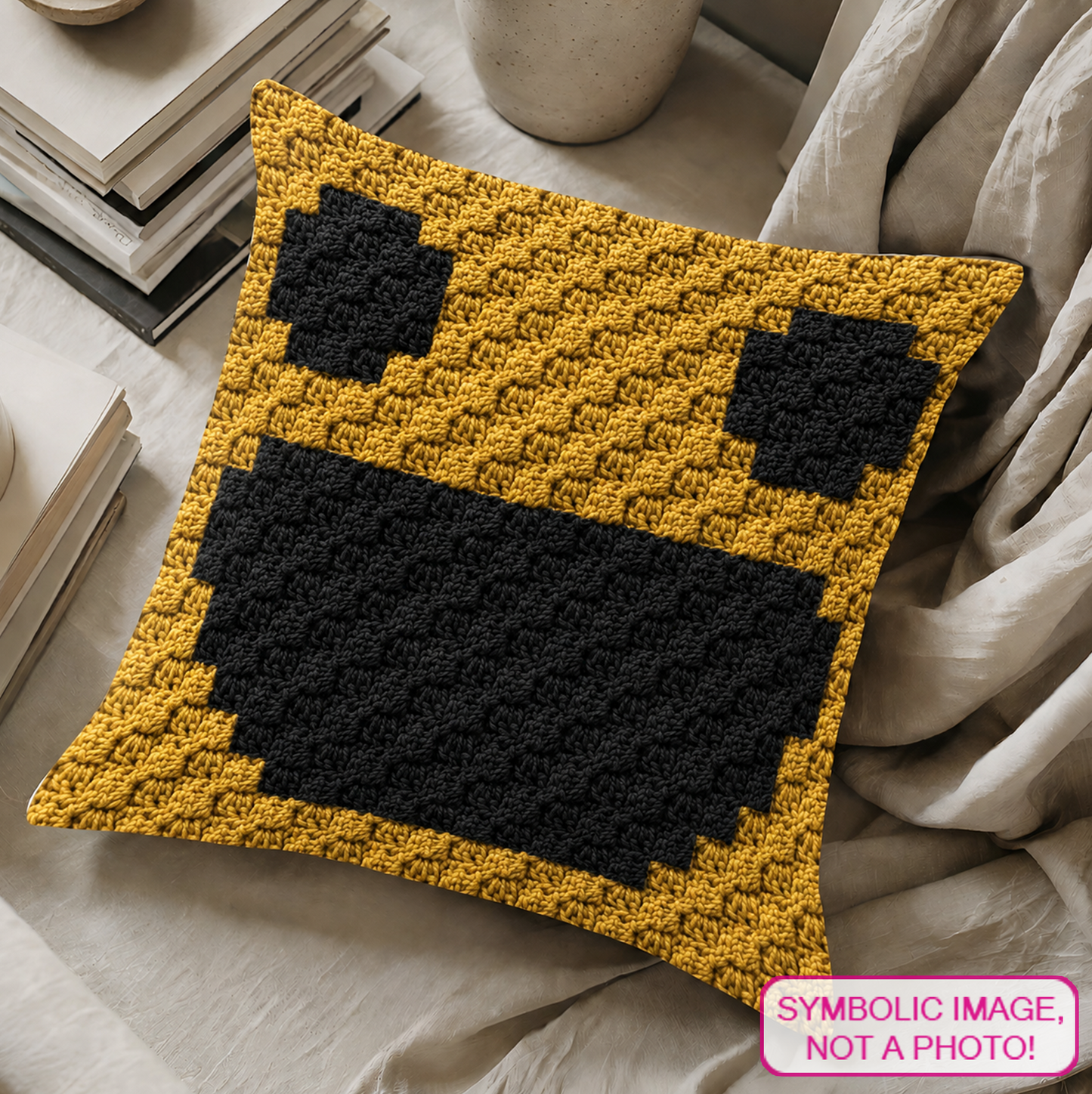 C2C crochet pillow pattern with written instructions featuring a yellow smiley face graph design for cheerful handmade home decor.