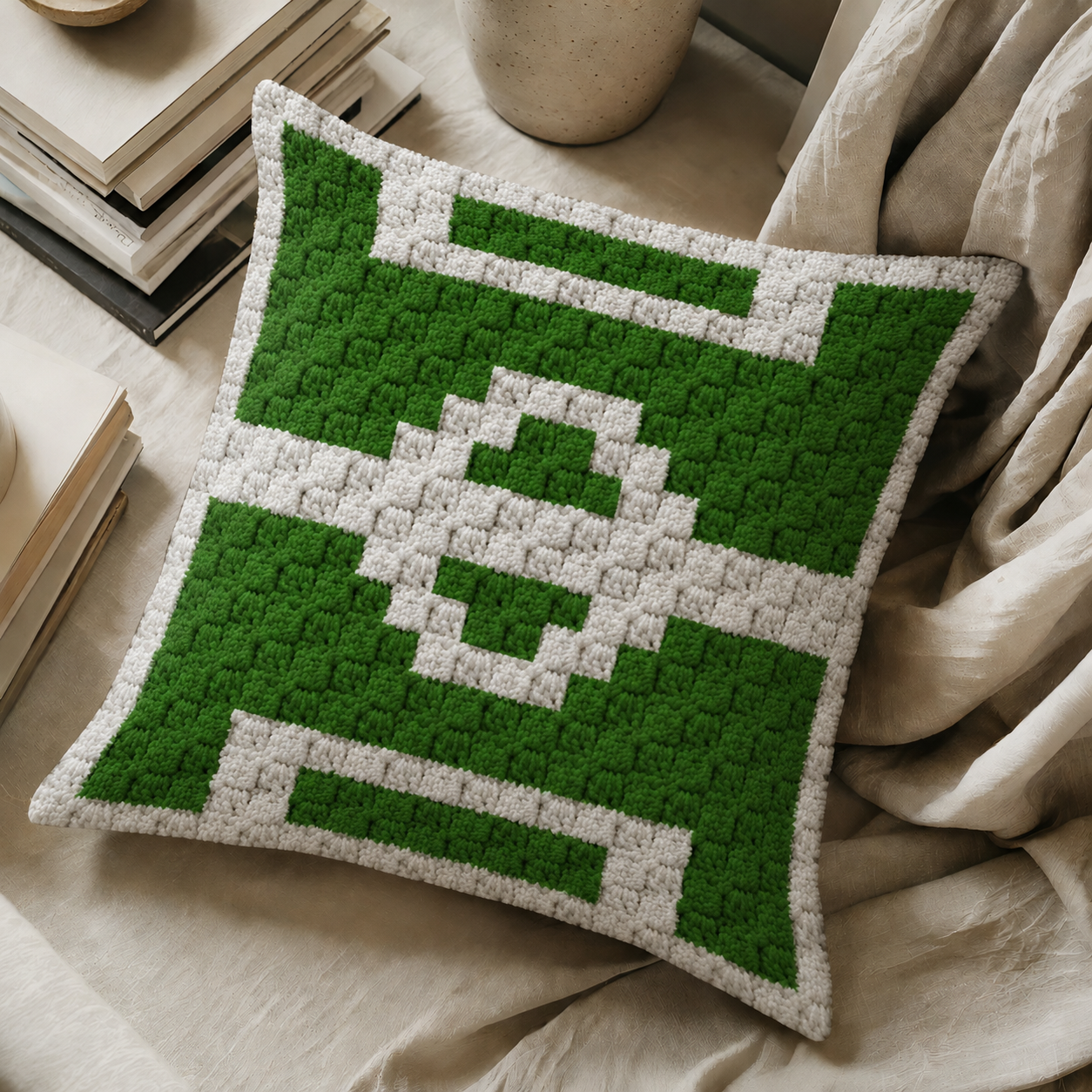 C2C crochet pillow pattern with written instructions featuring a green soccer field graph design for football fans and handmade sports gifts.