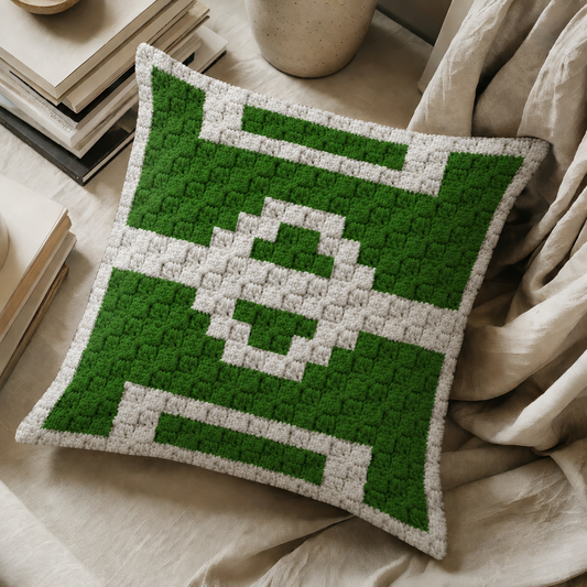 C2C crochet pillow pattern with written instructions featuring a green soccer field graph design for football fans and handmade sports gifts.