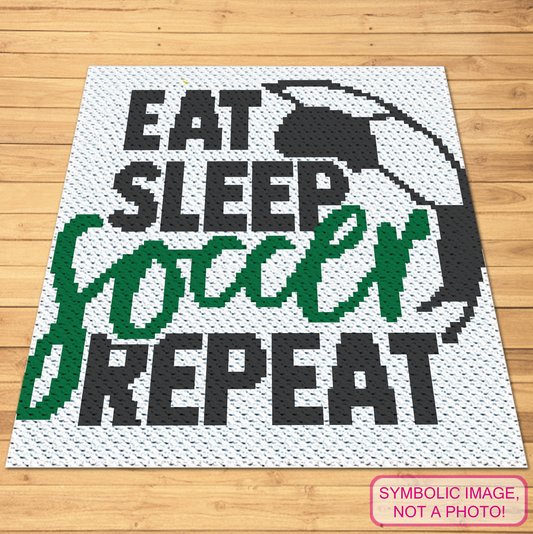 Soccer C2C crochet blanket pattern featuring Eat Sleep Soccer Repeat lettering and a black soccer ball graph design.