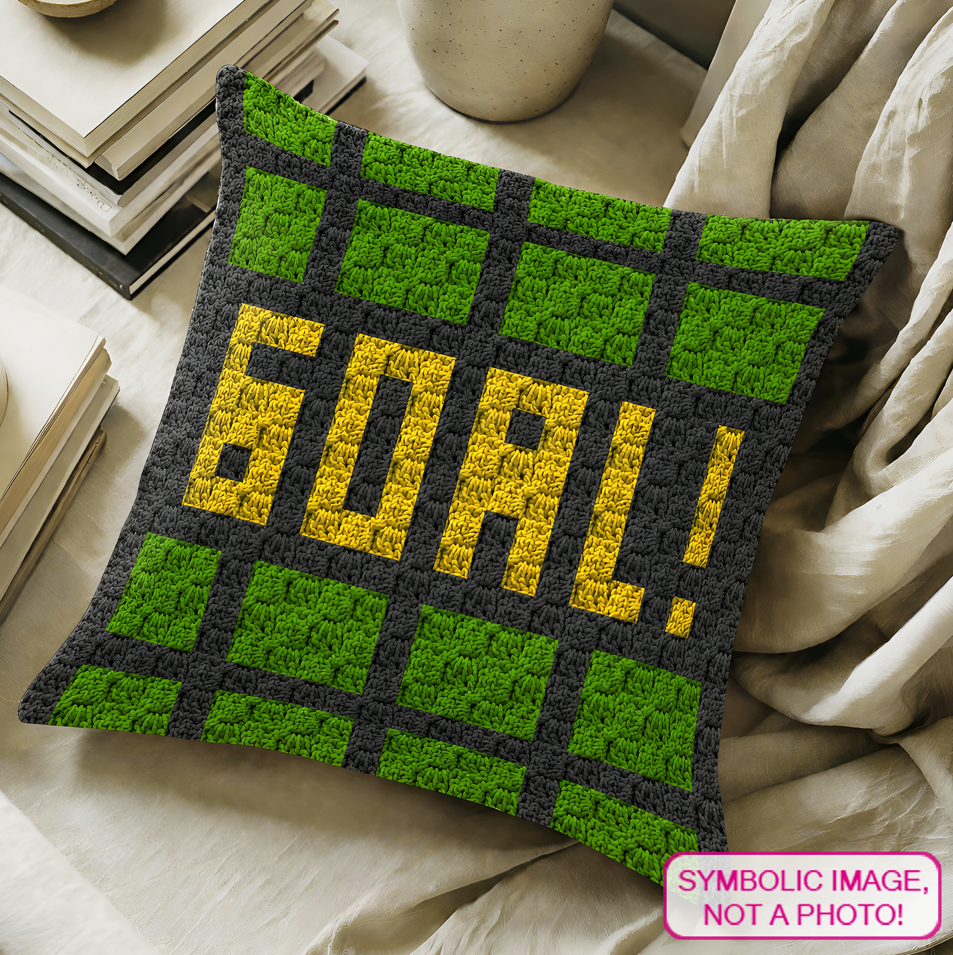 C2C crochet pillow pattern with written instructions featuring a GOAL soccer graph design for football fans and handmade sports gifts.