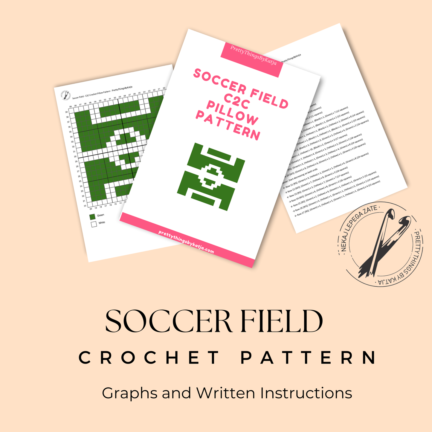 C2C crochet football pitch pillow pattern for soccer players, kids, coaches, teams, and sports gifts.
Beginner-friendly C2C crochet pillow pattern featuring a soccer field design in 20 x 20 blocks.