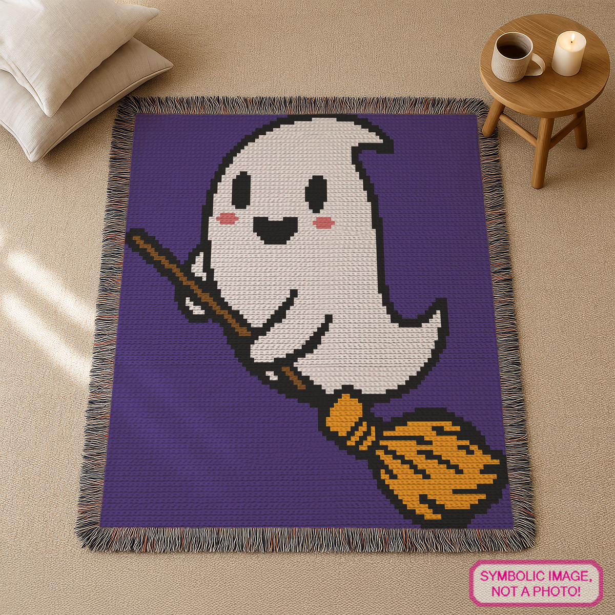 Ghost On A Broom C2C crochet blanket pattern mockup in purple, white, black, orange, brown and pink