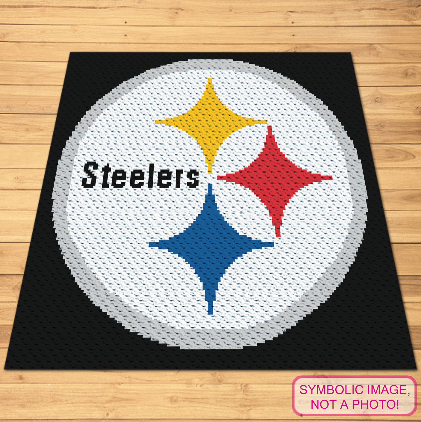 Steelers football C2C crochet blanket pattern featuring a black, white, grey, yellow, red, and blue sports graph design.
Corner-to-corner football graphgan pattern with a 150 x 150 color chart and written row-by-row instructions.