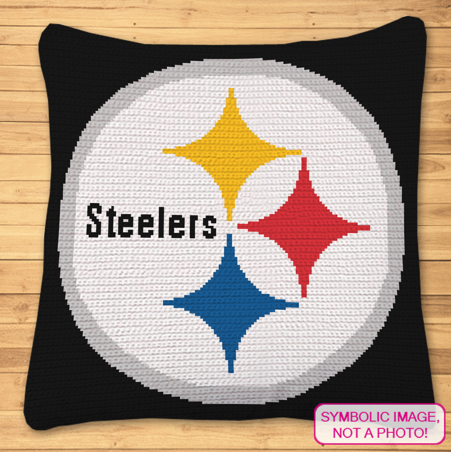 Steelers football tapestry crochet blanket and pillow pattern featuring a black, white, grey, yellow, red, and blue sports graph design.
Single crochet football graphgan pattern with a 150 x 150 color chart and written row-by-row instructions.