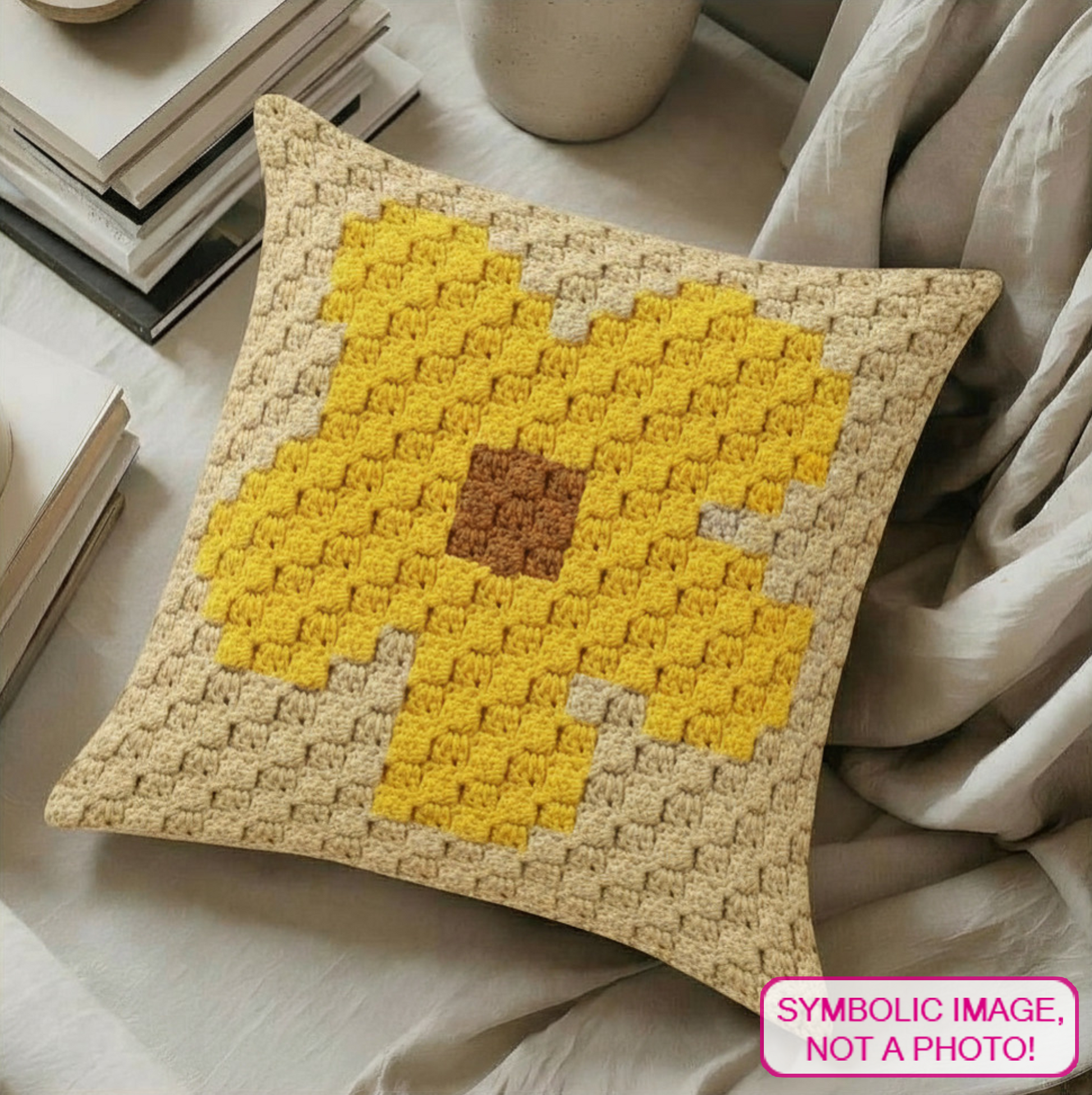 C2C crochet Sunflower pillow pattern for spring decor, cottagecore home decor, and handmade gifts.
Beginner-friendly C2C crochet pillow pattern featuring a Sunflower flower design in 20 x 20 blocks.