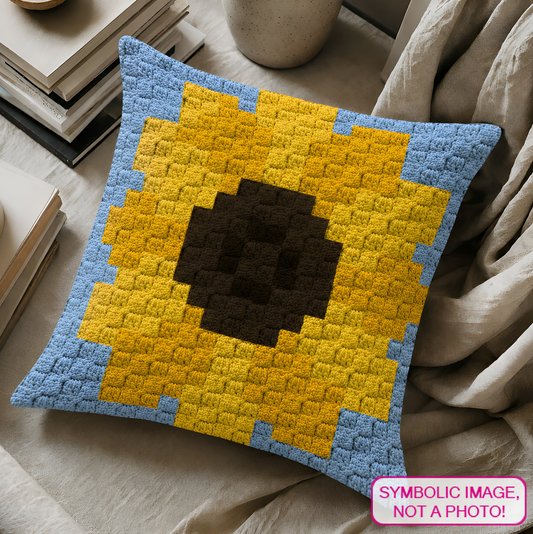 C2C crochet pillow pattern with written instructions featuring a yellow sunflower graph design for farmhouse and cottagecore home decor.