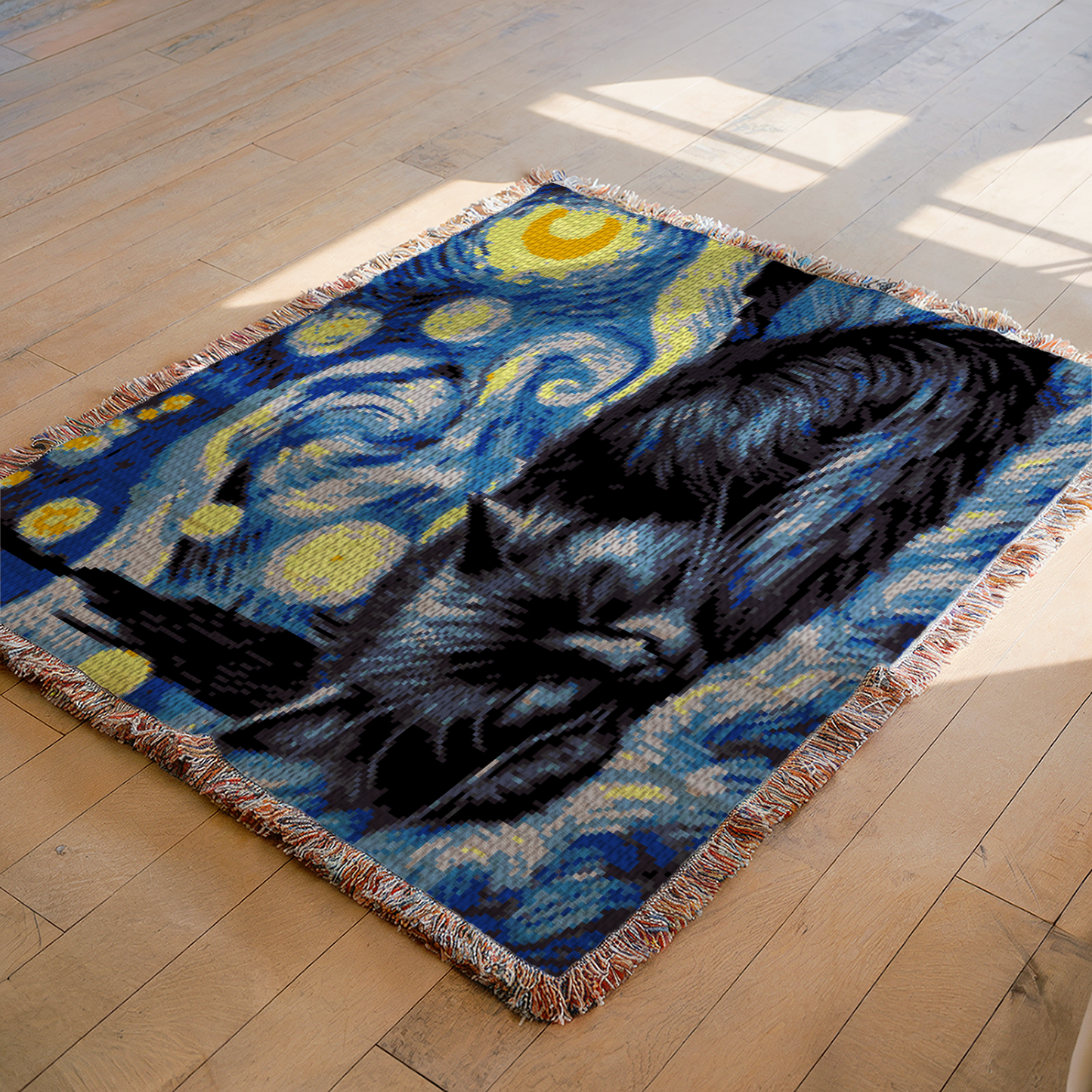 Tapestry crochet blanket pattern with sleeping black cat, moon, stars, blue swirls, and row-by-row instructions.
Van Gogh inspired crochet painting blanket pattern for cat lovers, art lovers, handmade gifts, and cozy home decor.