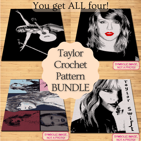 Capture the essence of an iconic music star with the Taylor Swift SC Crochet Blanket Pattern Bundle.

This exclusive collection includes four meticulously crafted Single Crochet Patterns, each one celebrating a different aspect of the artist's dynamic career. From the acoustic vibes of the guitar to the bold portrait with signature red lips, and evocative snapshots from the Eras Tour, each pattern offers a unique piece of the artist's journey to stitch into your own tapestry of fandom.