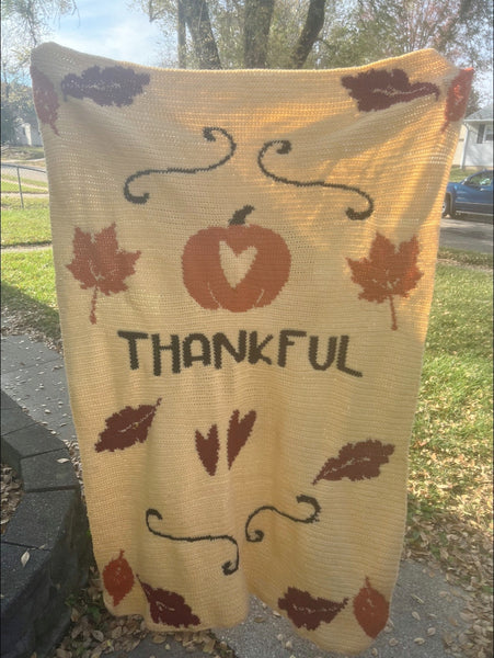 Celebrate the warmth and gratitude of the fall season with this beautiful 'Thankful' SC Crochet Blanket Pattern!

This pattern perfectly captures the spirit of Thanksgiving perfectly and features a charming pumpkin, autumn leaves, and graceful swirls.

Designed for crocheters of all skill levels, this single crochet pattern is easy to follow and creates a cozy, decorative blanket that’s perfect for adding a festive touch to your home. 