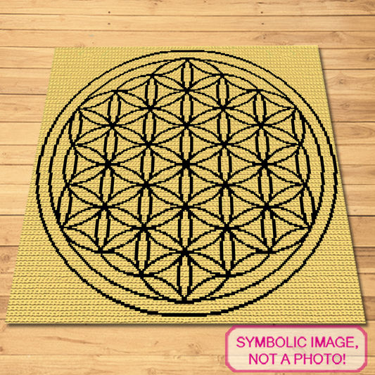 Flower of Life tapestry crochet blanket pattern featuring a black sacred geometry symbol on a yellow background with written instructions.
Geometric SC crochet graphghan pattern with a 200 x 200 Flower of Life color chart and row-by-row instructions.