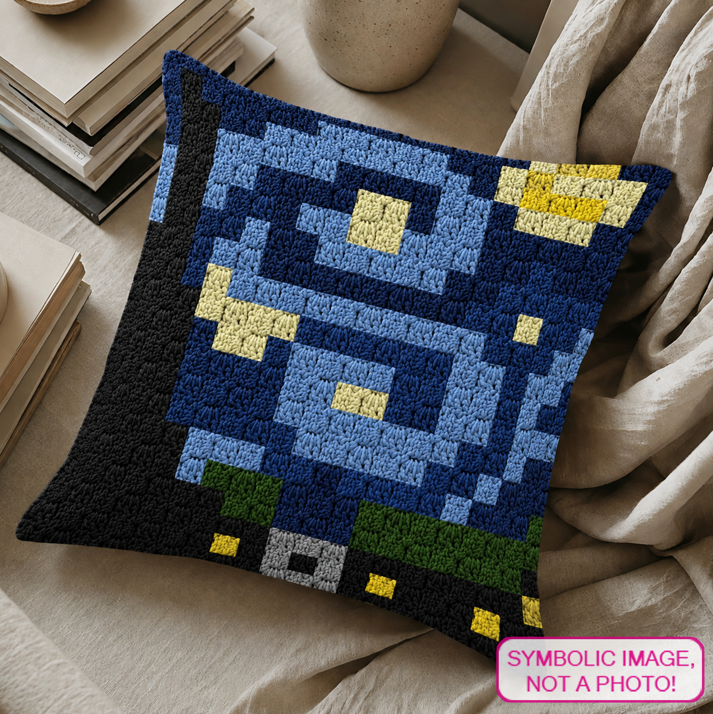 Crochet Van Gogh C2C pillow pattern featuring a Starry Night inspired graph design with navy, blue, yellow, grey, green, and black yarn.
Famous painting crochet pillow pattern with Starry Night inspired C2C chart and row-by-row instructions.