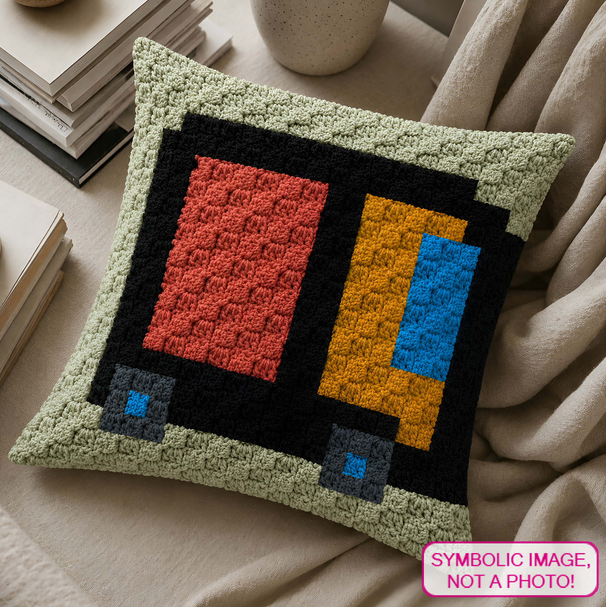 C2C crochet pillow pattern with written instructions featuring a colorful truck graph design for kids’ rooms, nursery decor, and handmade gifts.