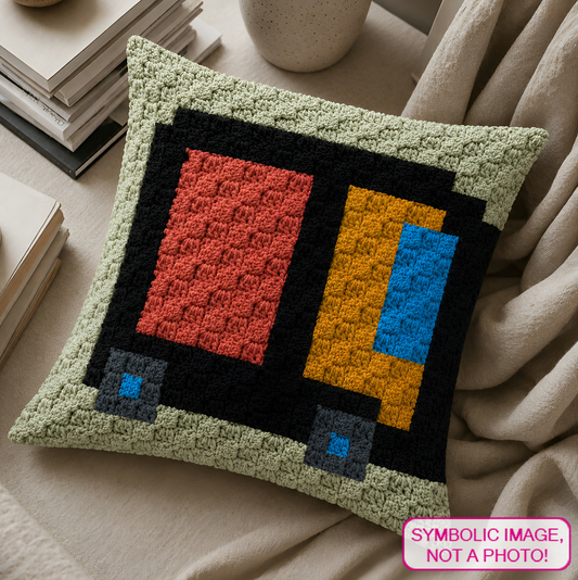 C2C crochet pillow pattern with written instructions featuring a colorful truck graph design for kids’ rooms, nursery decor, and handmade gifts.