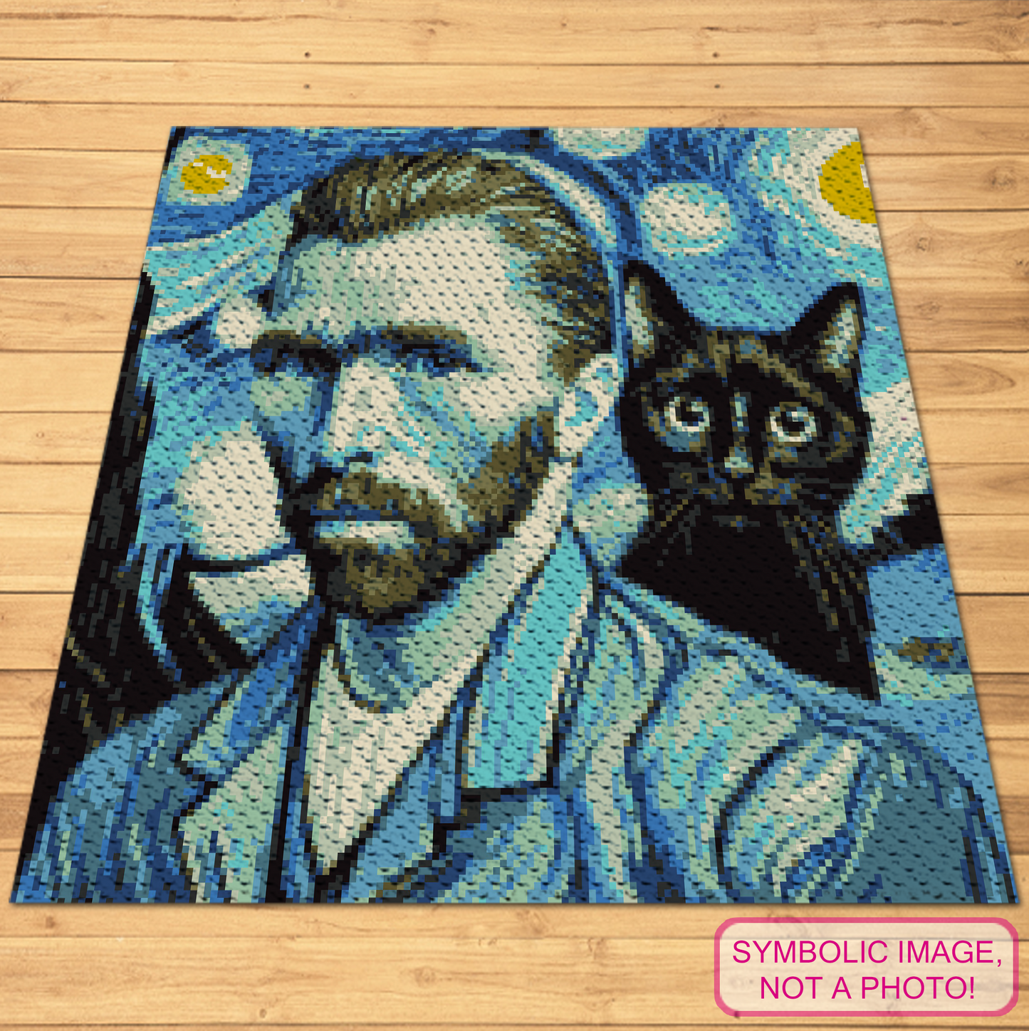Van Gogh portrait with black cat C2C crochet blanket pattern with written instructions and 149 x 149 color chart.
C2C famous artist graphgan pattern featuring a Van Gogh-inspired portrait and black cat design.