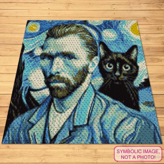 Van Gogh portrait with black cat C2C crochet blanket pattern with written instructions and 149 x 149 color chart.
C2C famous artist graphgan pattern featuring a Van Gogh-inspired portrait and black cat design.