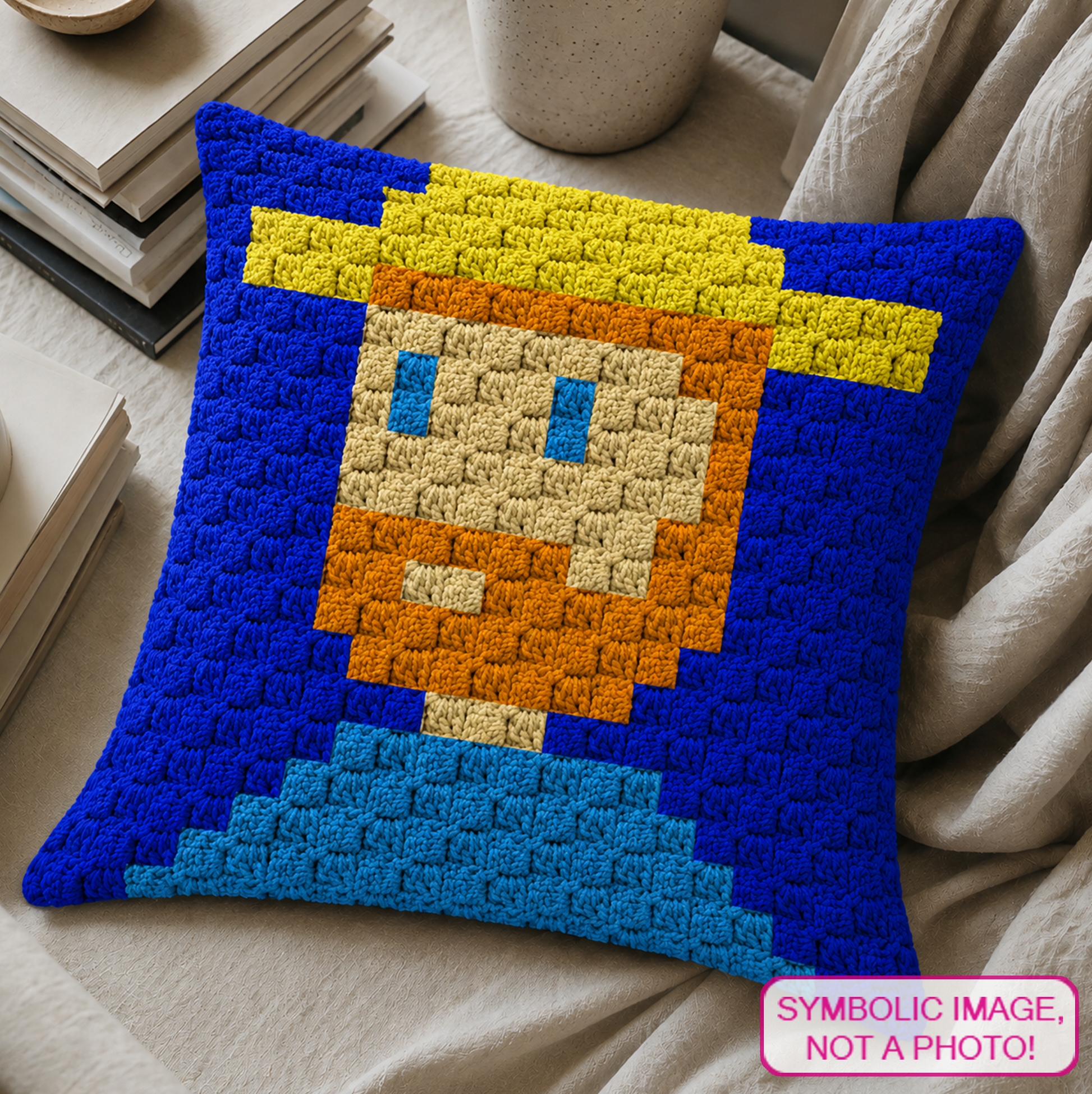 Van Gogh Portrait C2C crochet pillow pattern with written instructions and a 20 x 20 color chart.
Famous artist crochet pillow pattern featuring a Van Gogh inspired portrait design in C2C crochet.
