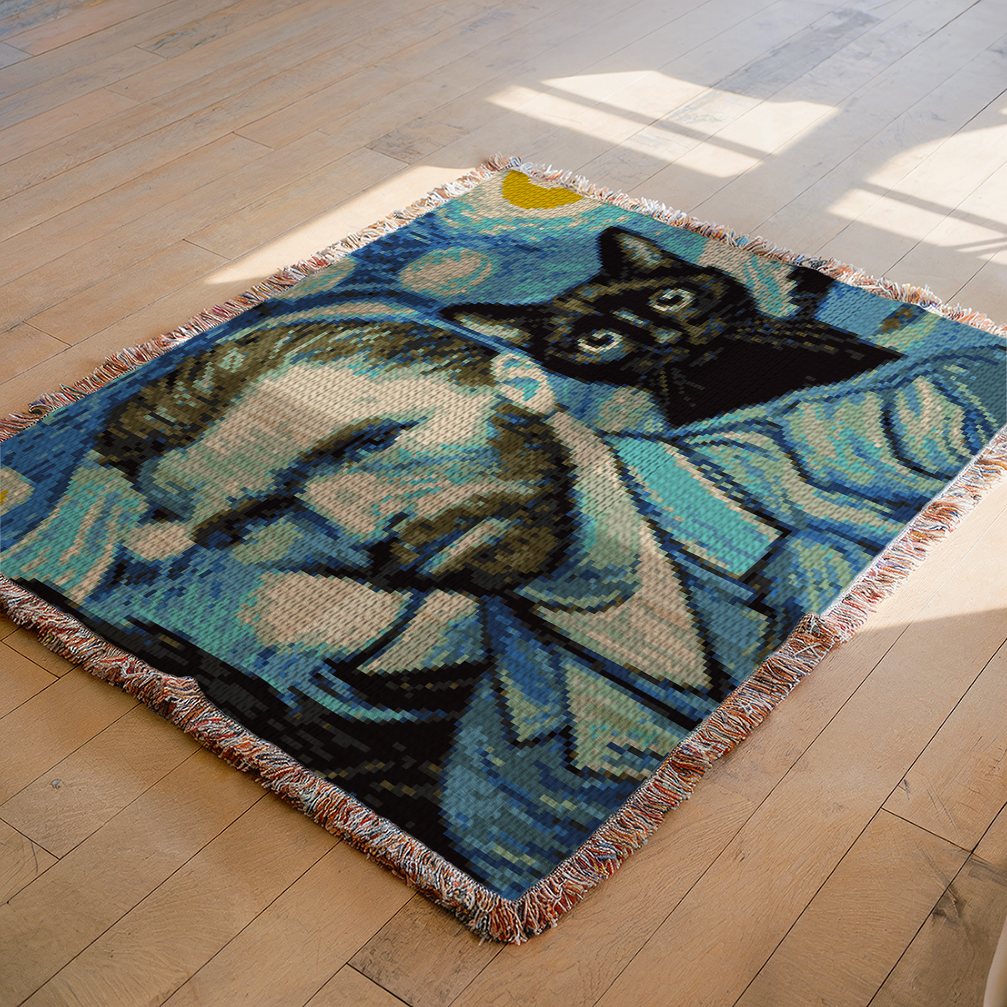 Van Gogh portrait with black cat C2C crochet blanket pattern with written instructions and 149 x 149 color chart.
C2C famous artist graphgan pattern featuring a Van Gogh-inspired portrait and black cat design.