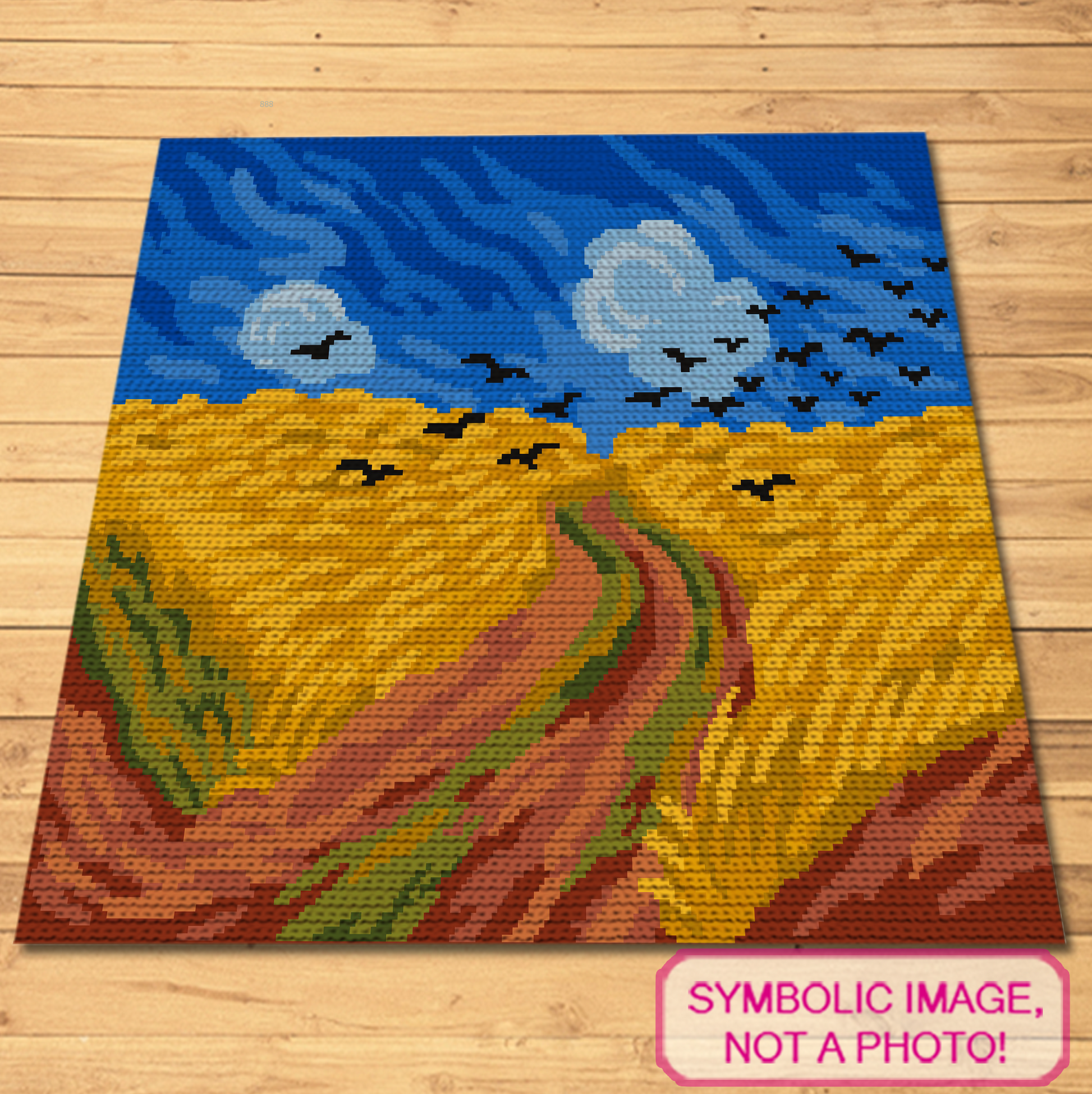 Van Gogh The Wheat Field tapestry crochet blanket pattern featuring a golden wheat field, dramatic blue sky, birds, and written instructions.
Famous painting SC crochet graphghan pattern inspired by Van Gogh landscape art with a 200 x 150 color chart.
