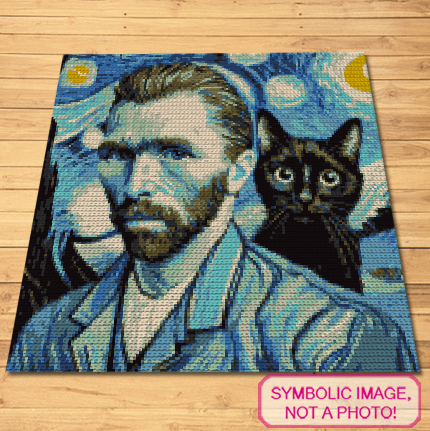 Single crochet famous artist graphgan pattern featuring a Van Gogh-inspired portrait and black cat design.
Art-inspired crochet blanket and pillow pattern with black cat, portrait design, 13 colors, and row-by-row instructions.