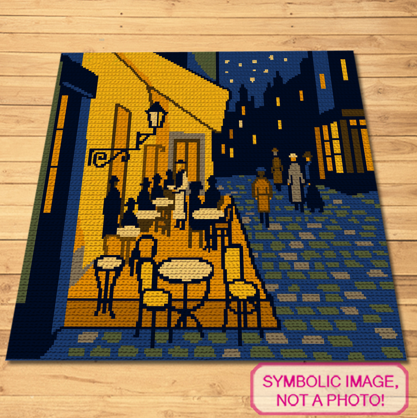 Van Gogh The Café Terrace tapestry crochet blanket pattern featuring a night café scene with warm lights and written instructions.
Famous painting SC crochet graphghan pattern inspired by Van Gogh café terrace art with a 200 x 150 color chart.