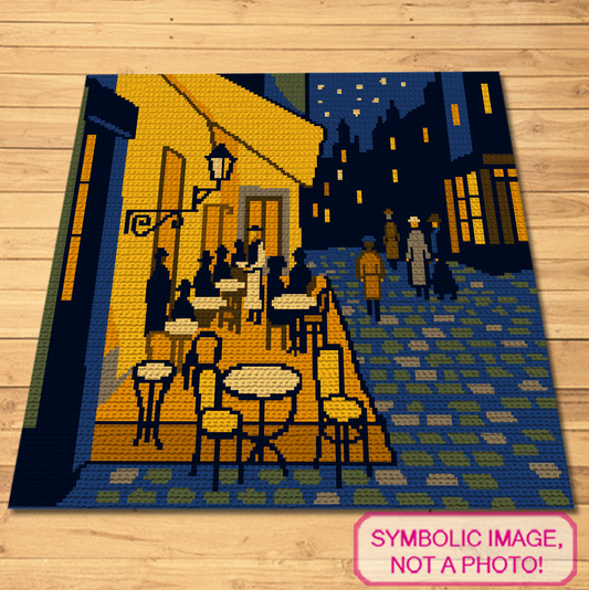 Van Gogh The Café Terrace tapestry crochet blanket pattern featuring a night café scene with warm lights and written instructions.
Famous painting SC crochet graphghan pattern inspired by Van Gogh café terrace art with a 200 x 150 color chart.