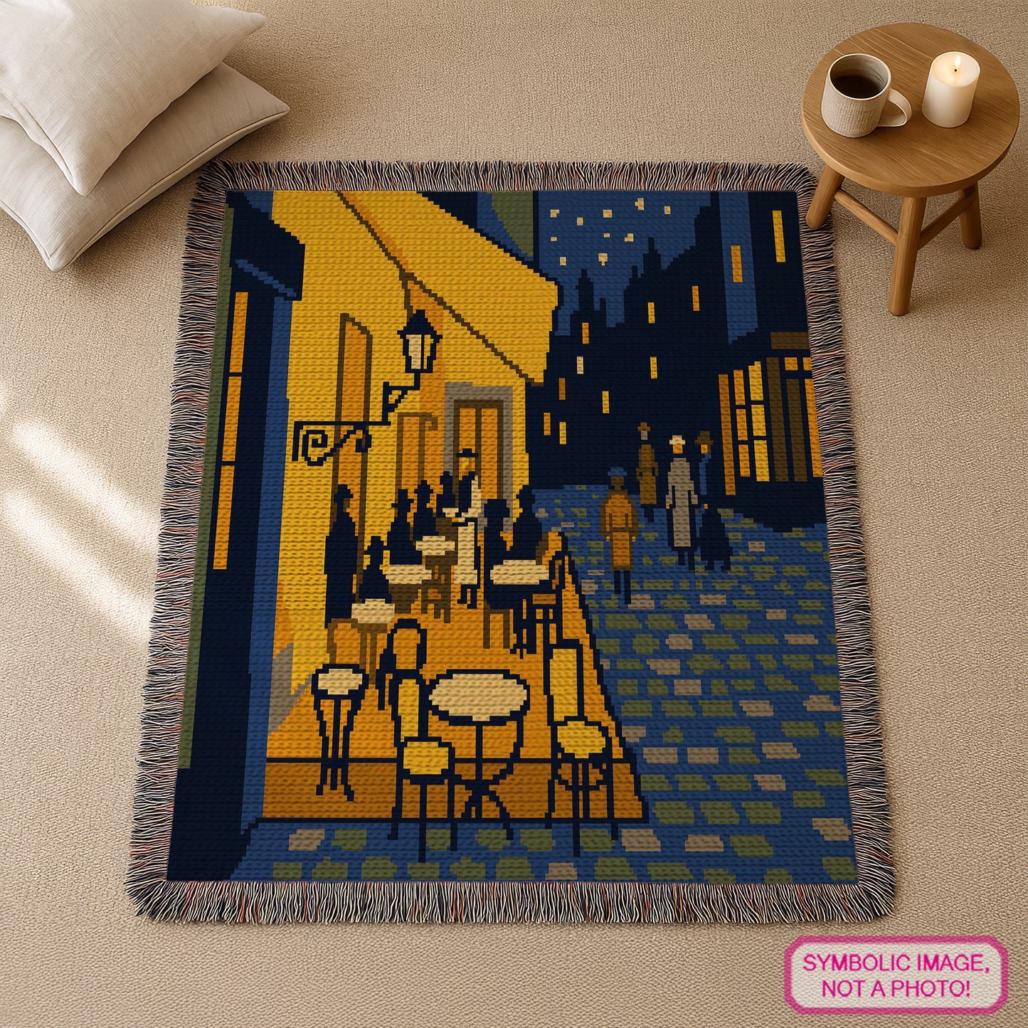 Famous painting SC crochet graphghan pattern inspired by Van Gogh café terrace art with a 200 x 150 color chart.
Tapestry crochet blanket pattern with café terrace at night, cobblestone street, 10 colors, and row-by-row instructions.