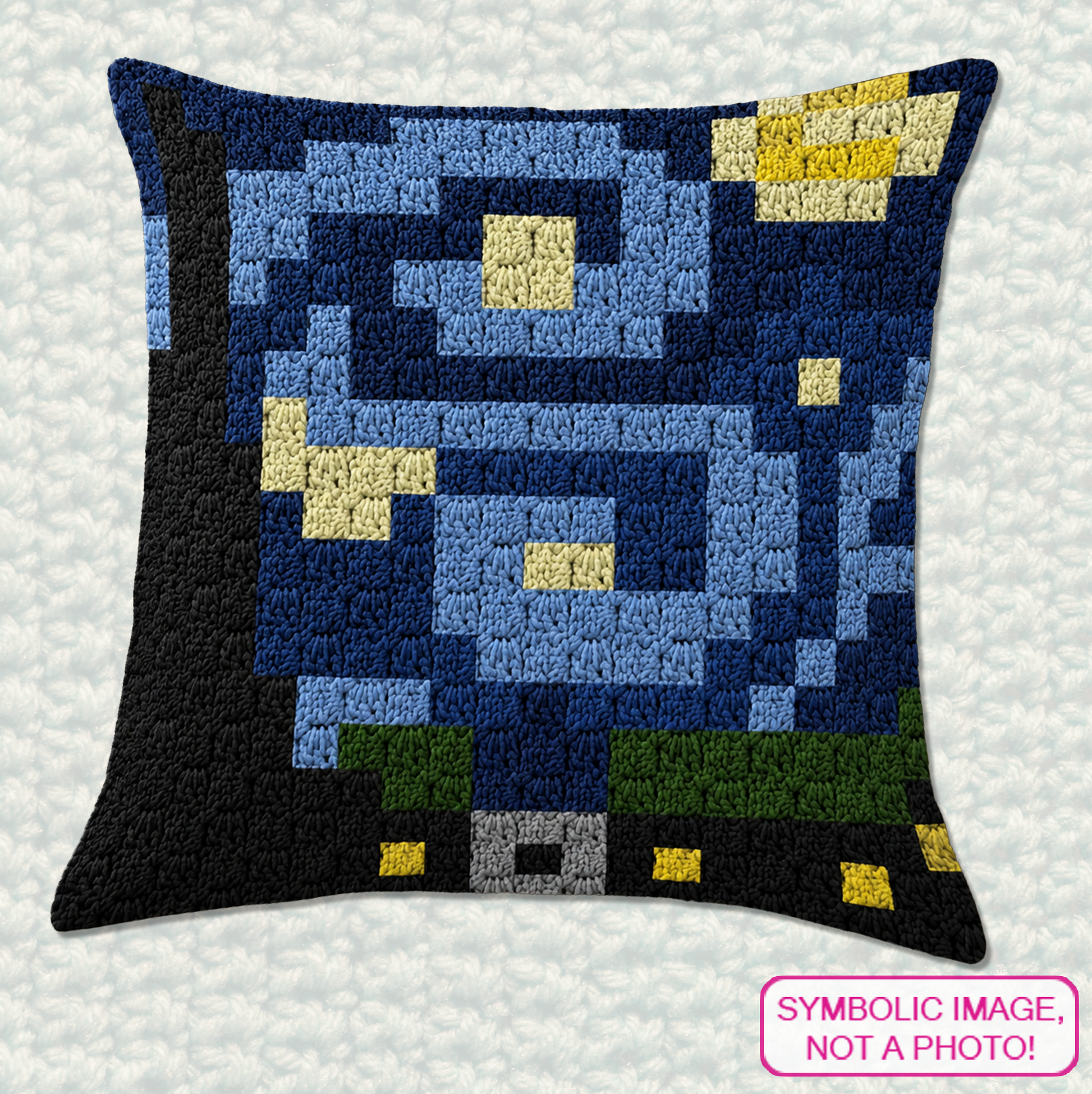 Starry Night C2C crochet pillow pattern inspired by Van Gogh with written instructions and a 20 x 20 color chart.
Crochet Van Gogh C2C pillow pattern featuring a Starry Night inspired graph design with navy, blue, yellow, grey, green, and black yarn.