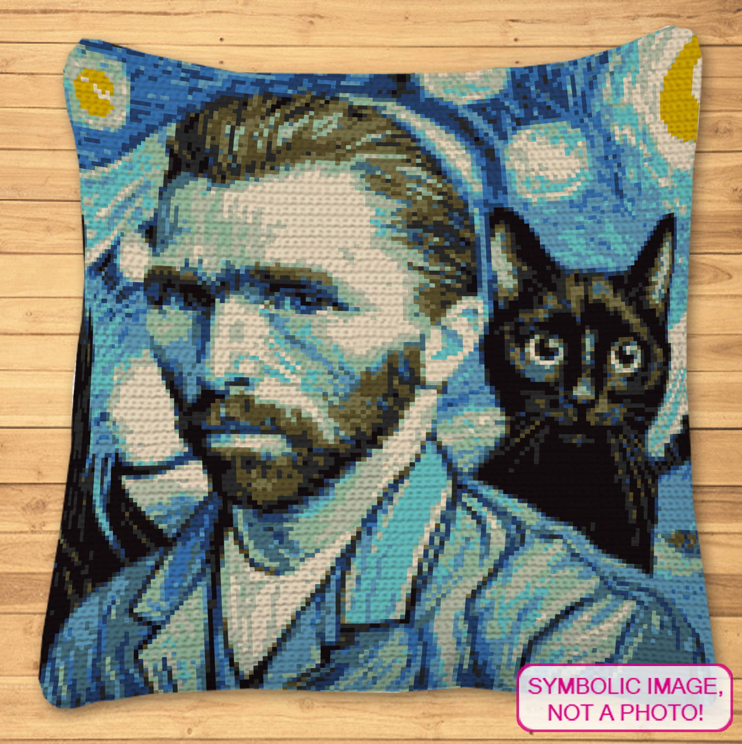 Van Gogh portrait with black cat tapestry crochet blanket and pillow pattern with written instructions and 149 x 149 color chart.
Single crochet famous artist graphgan pattern featuring a Van Gogh-inspired portrait and black cat design.