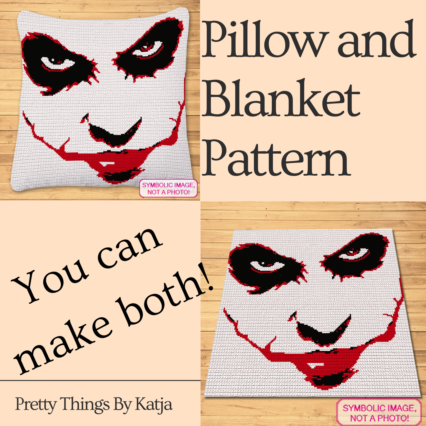 Get the best of both worlds with our Joker Crochet Pattern Bundle, featuring both SC (Single Crochet) and C2C (Corner to Corner) designs. Perfect for fans who love to crochet and want to add a touch of villainous flair to their collection.

Crochet Jocker is a Crochet BUNDLE, a Graph Pattern with Written Instructions for Crochet Blanket and Pillow, PDF Digital Files.
Click to learn more!