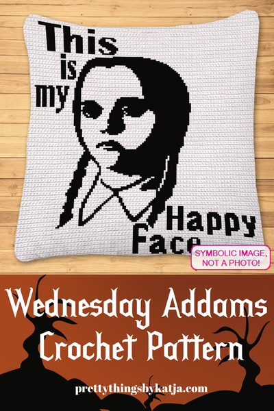 Bring your inner Wednesday Addams to life with this 'This is My Happy Face' SC crochet pillow pattern. Ideal for anyone with a love for sarcasm and a flair for unique home decor.

Click to learn more!