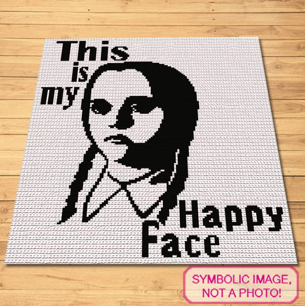 Create your own dark and cozy retreat with this Wednesday-themed 'This is My Happy Face' SC crochet blanket pattern. Great for fans of sarcasm and gothic style, this pattern adds a quirky flair to any room.

Click to learn more!