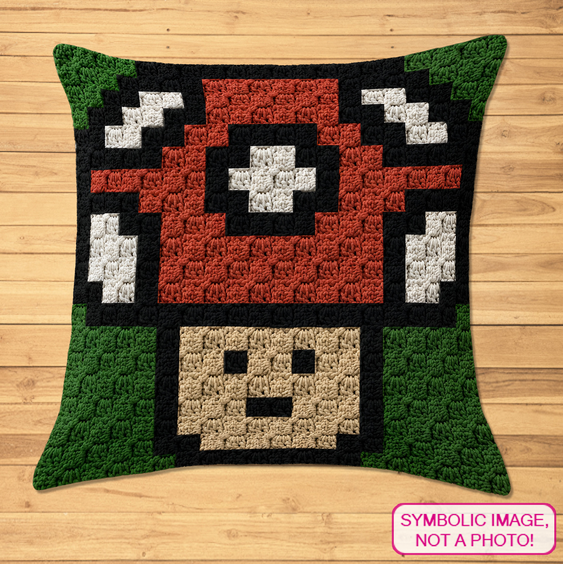 C2C crochet pillow pattern with written instructions featuring a red and white spotted toadstool mushroom graph design for cottagecore decor.
