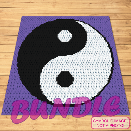 Yin Yang crochet pattern bundle with SC tapestry and C2C versions featuring a black and white balance symbol on purple background.
Bundle of two yin yang crochet graphghan patterns with written instructions for single crochet and C2C crochet.
