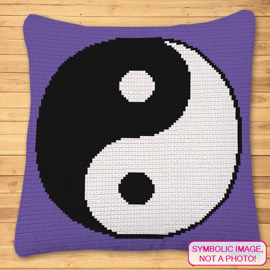 Yin Yang tapestry crochet blanket and pillow pattern featuring a black and white balance symbol on a purple background.
