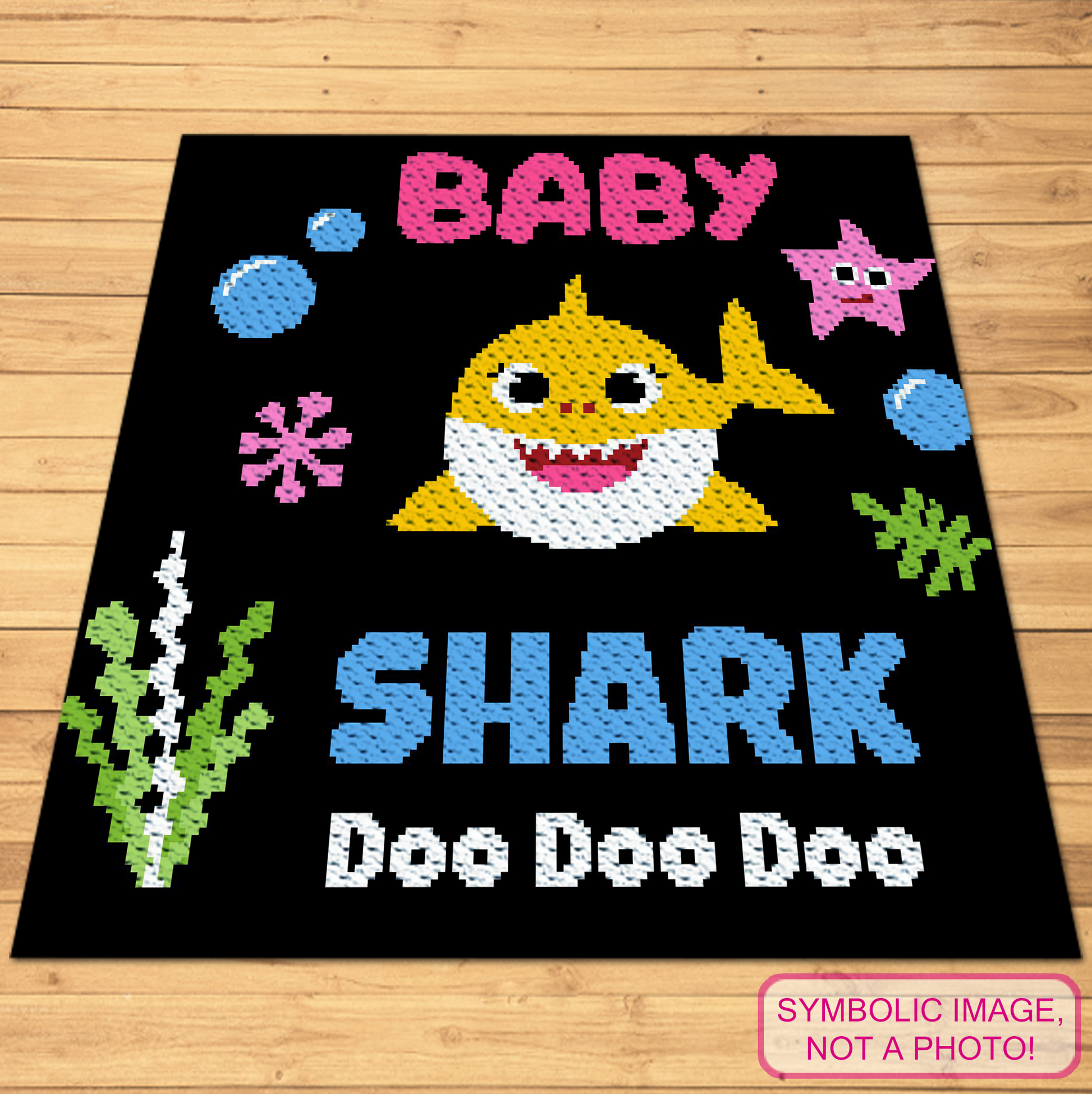 Seven Shark Family C2C crochet blanket patterns with color graphs and written row-by-row instructions.